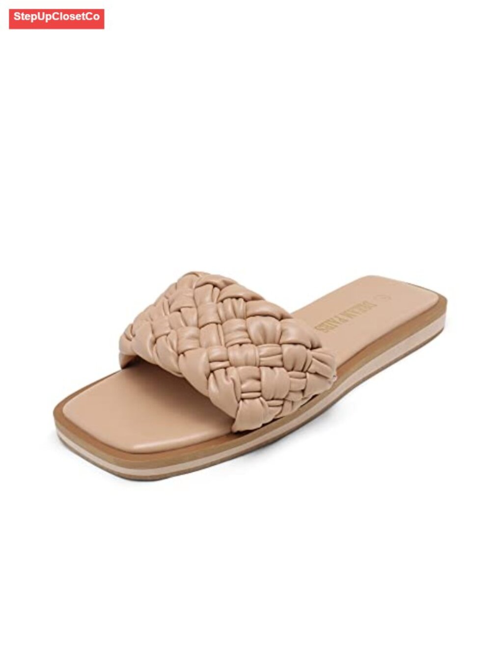 Square Open Toe Slide Sandals with Braided Strap - Faux Leather Flat Slides for